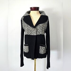 LINEA DOMANI  Black and White Mixed Media Knit Cardigan with Safety Pins. Size S